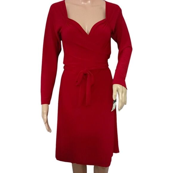 Norma Kamali Sweetheart Dress M True Wrap Red Slinky Knit Long Sleeve NEW Flowy. - Picture 10 of 16